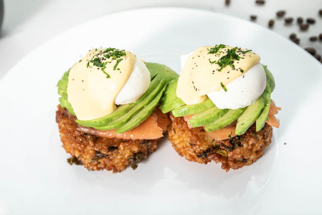 Corn fritters with smoked salmon, avocado and poached eggs