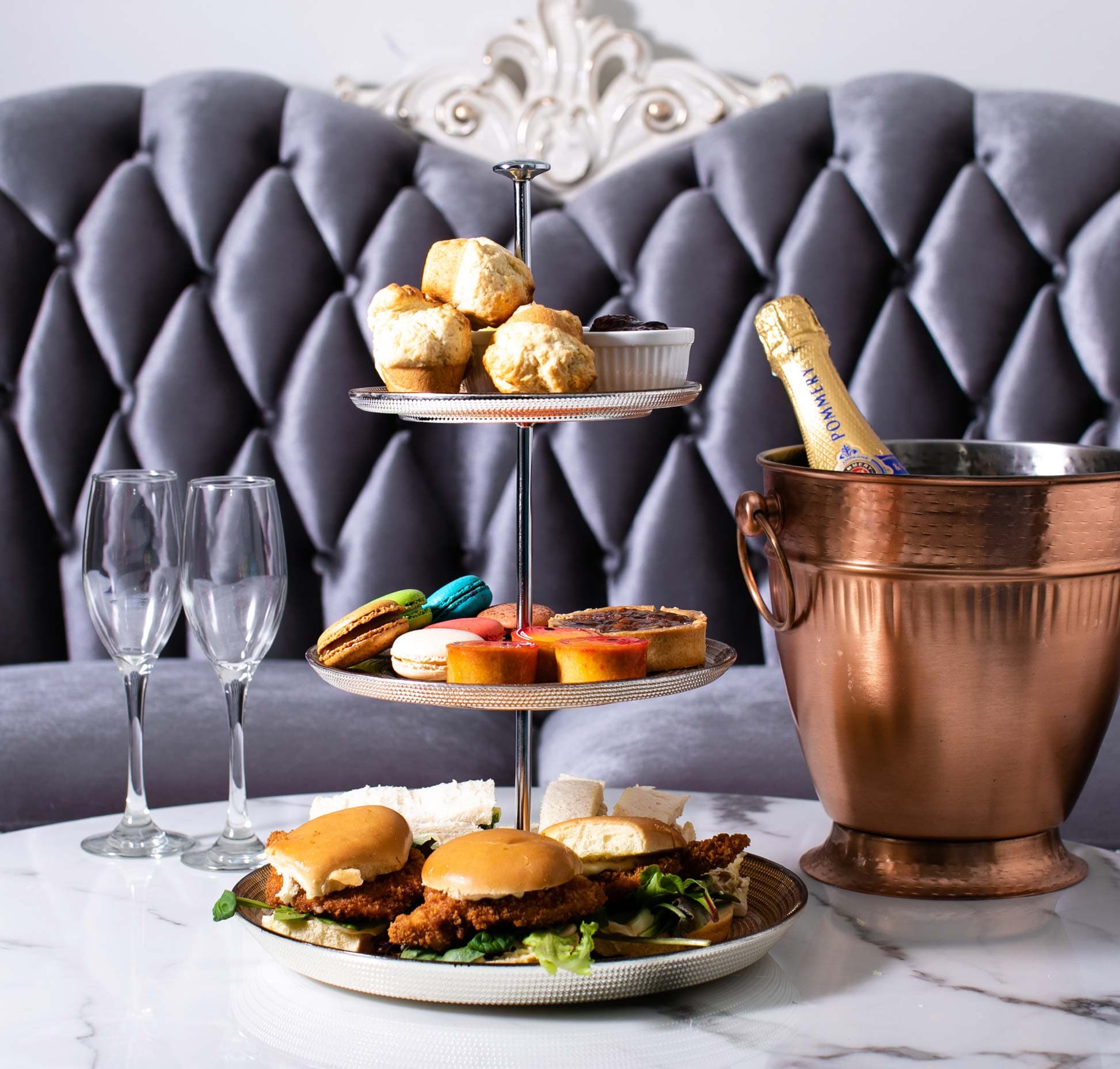 A three-tier high tea with Champagne in the high tea room